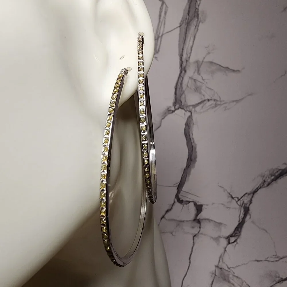 925 Silver Large Hoop Earrings Champagne Colored Stones